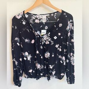 American Rag Women’s Black Floral Tie-Front Long Sleeve Blouse Boho